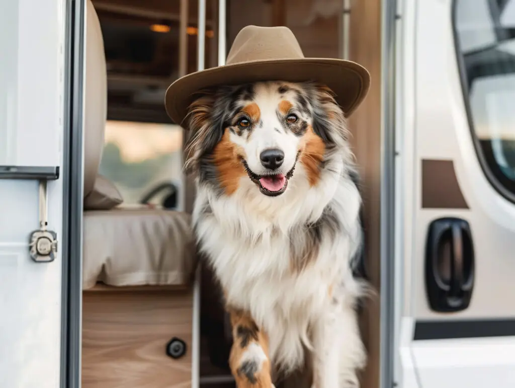 A Border Collie standing at door of RV