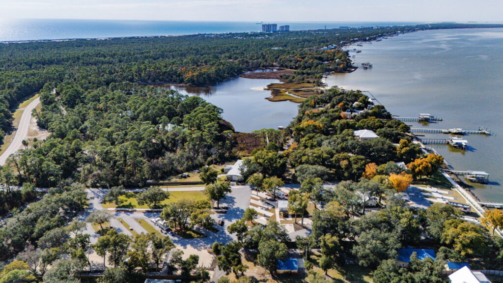 Aerial RV park view with water