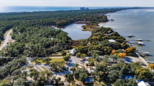 Aerial RV park view with water