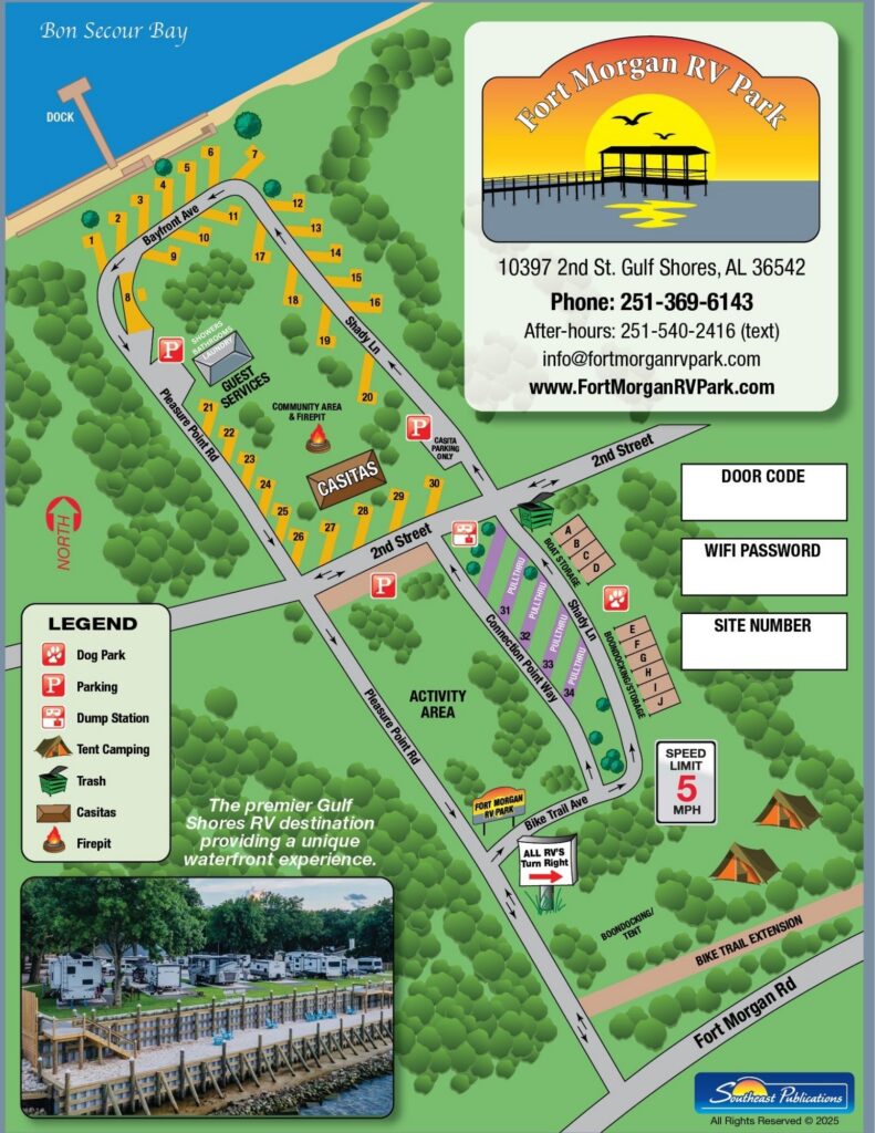 Map of the RV park and camp grounds at Fort Morgan RV Park in Alabama